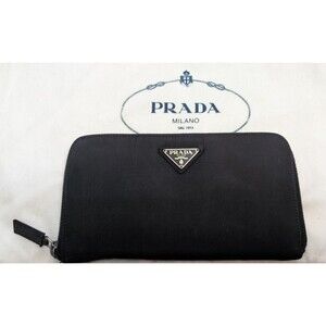 PRADA Logo Plate Nylon Zip Around Long Wallet Black Credit Card